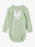 Polarn O. Pyret Baby Organic Cotton Rib Bunny Applique Bodysuit, Green, Green