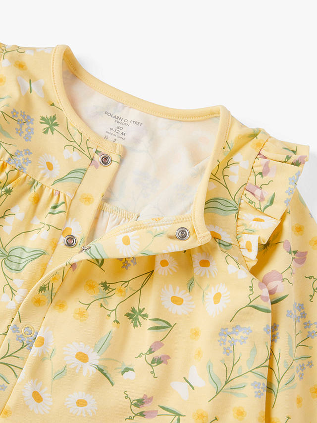 Polarn O. Pyret Baby Organic Cotton Floral Print Ruffle Detail Dress, Yellow