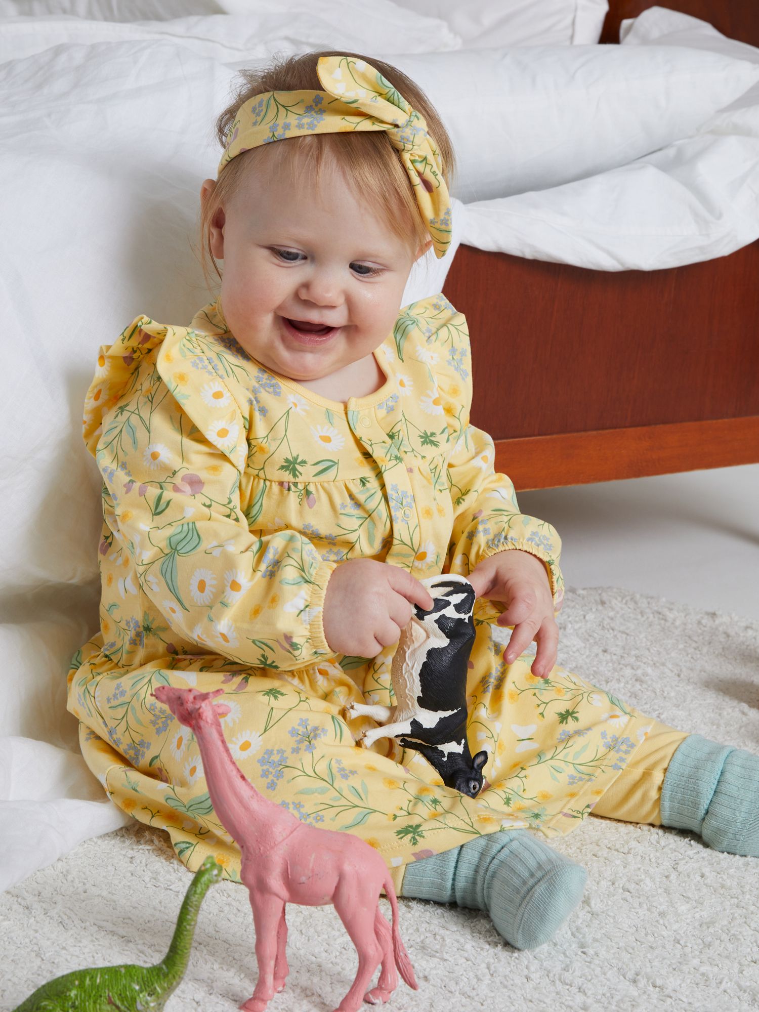 Buy Polarn O. Pyret Baby Organic Cotton Floral Print Ruffle Detail Dress, Yellow Online at johnlewis.com