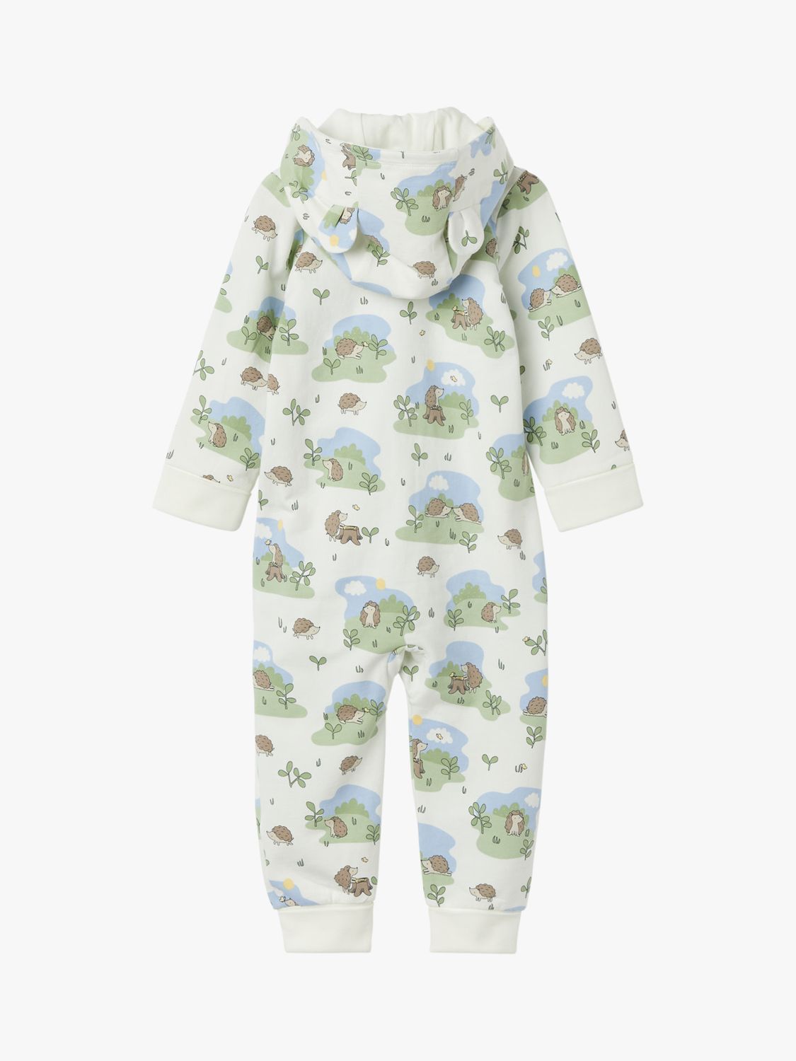 Polarn O. Pyret Baby Organic Cotton Blend Hedgehog Print Hooded All In One Suit, White, 1-2 months