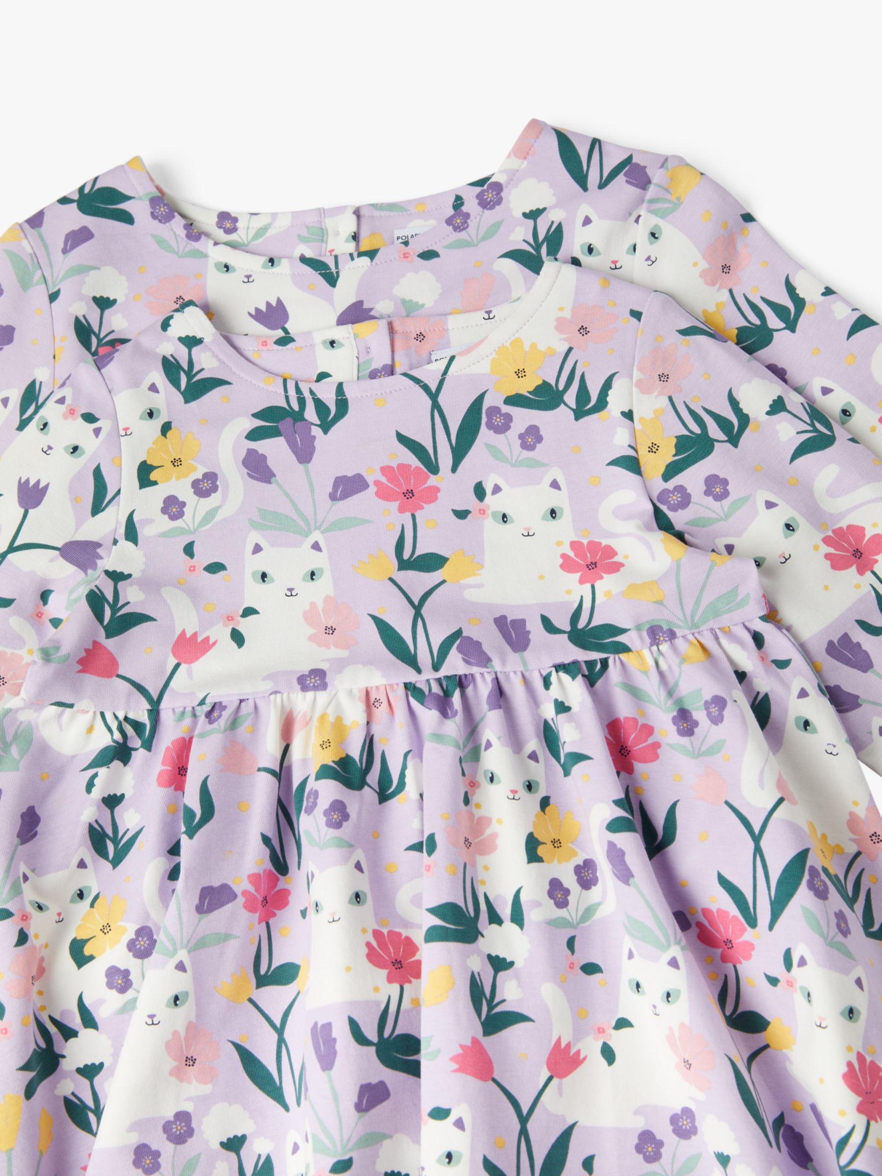 Polarn O. Pyret Kids' Organic Cotton Cat & Floral Print Dress, Purple, 12-18 months