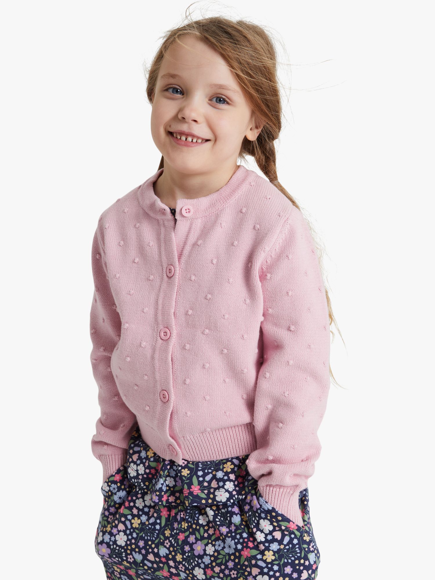 Polarn O. Pyret Kids' Organic Cotton Knit Bobble Detail Cardigan, Pink, 12-18 months