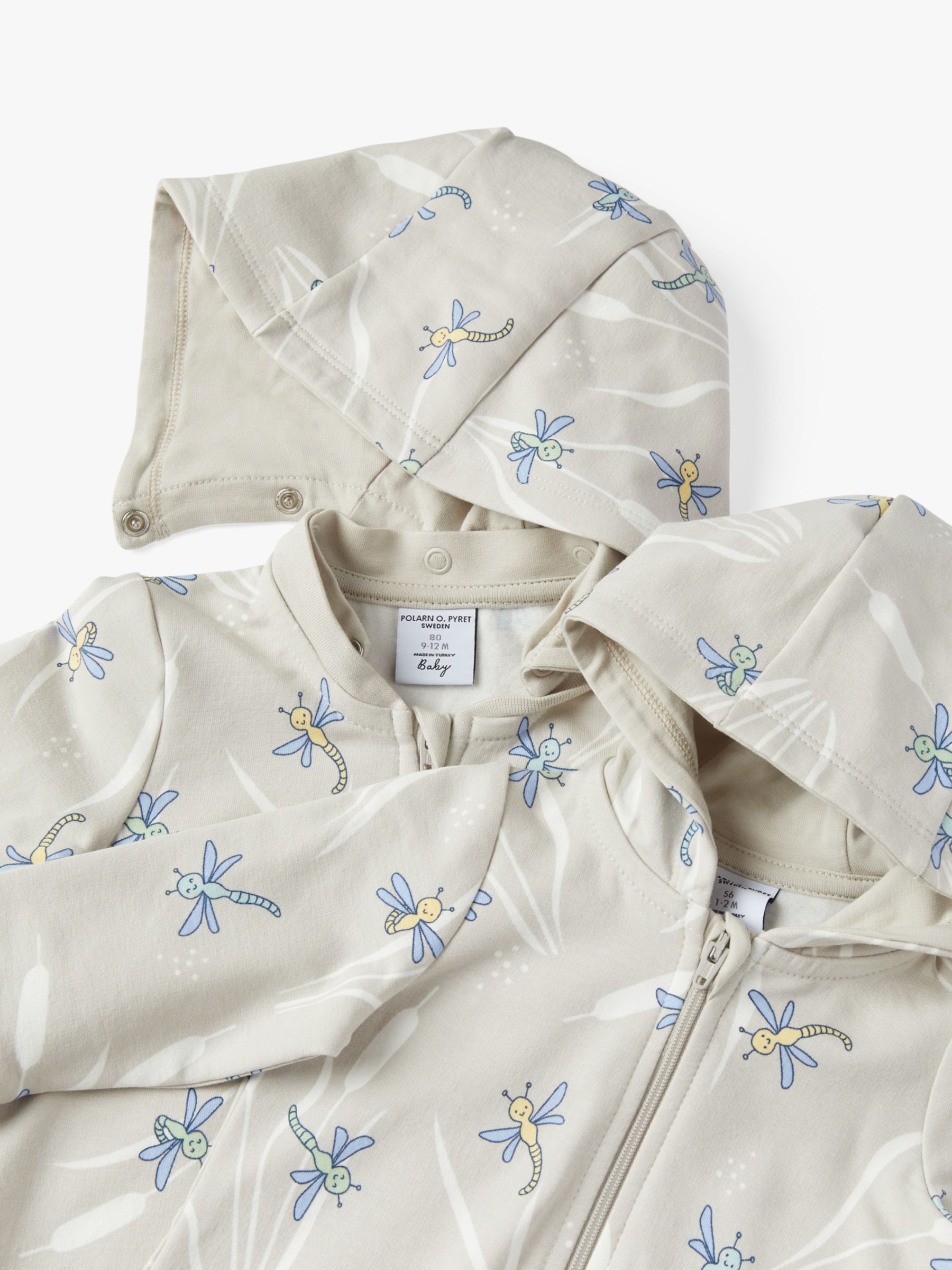 Polarn O. Pyret Baby Organic Cotton Blend Dragonfly Print Hooded All In One, Natural, 1-2 months