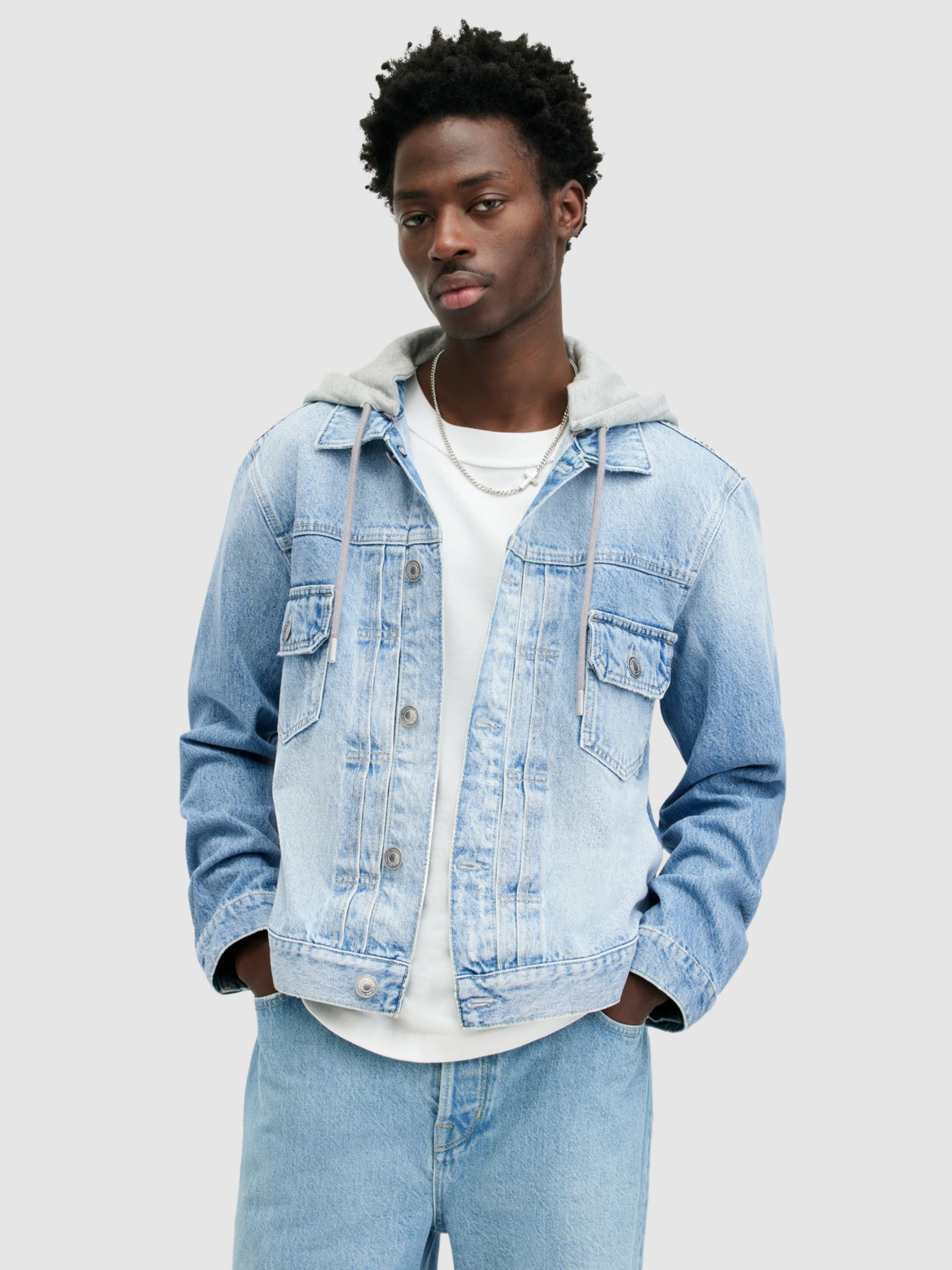 AllSaints Spirit Organic Cotton Hooded Denim Jacket, Indigo Blue, XL