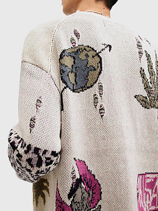 AllSaints Motive Wool Blend Graphic Cardigan, Ecru/Multi