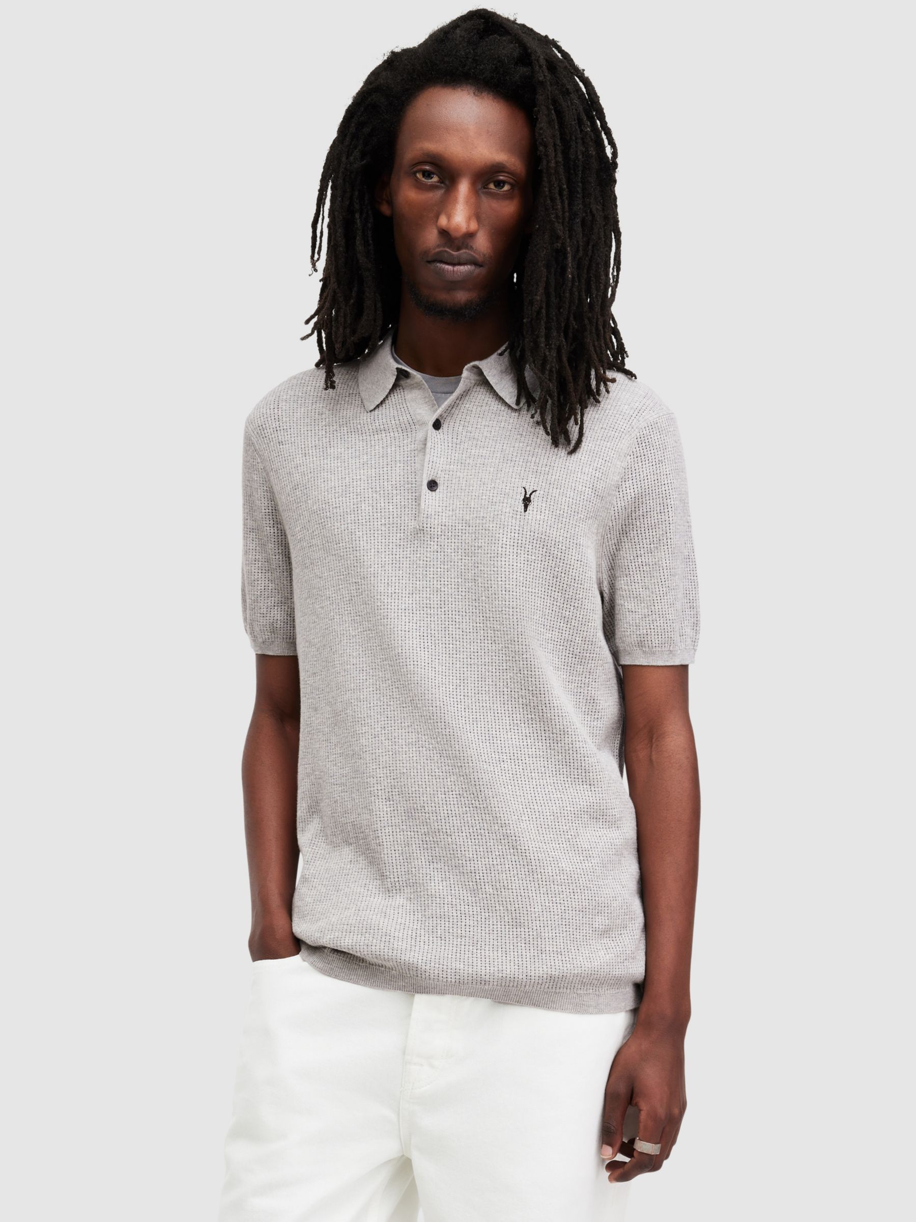 AllSaints Aubrey Organic Cotton Knit Polo Shirt, Grey Marl, XL