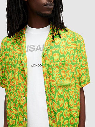 AllSaints Leopaz Leopard Print Short Sleeve Shirt, Lizard Green