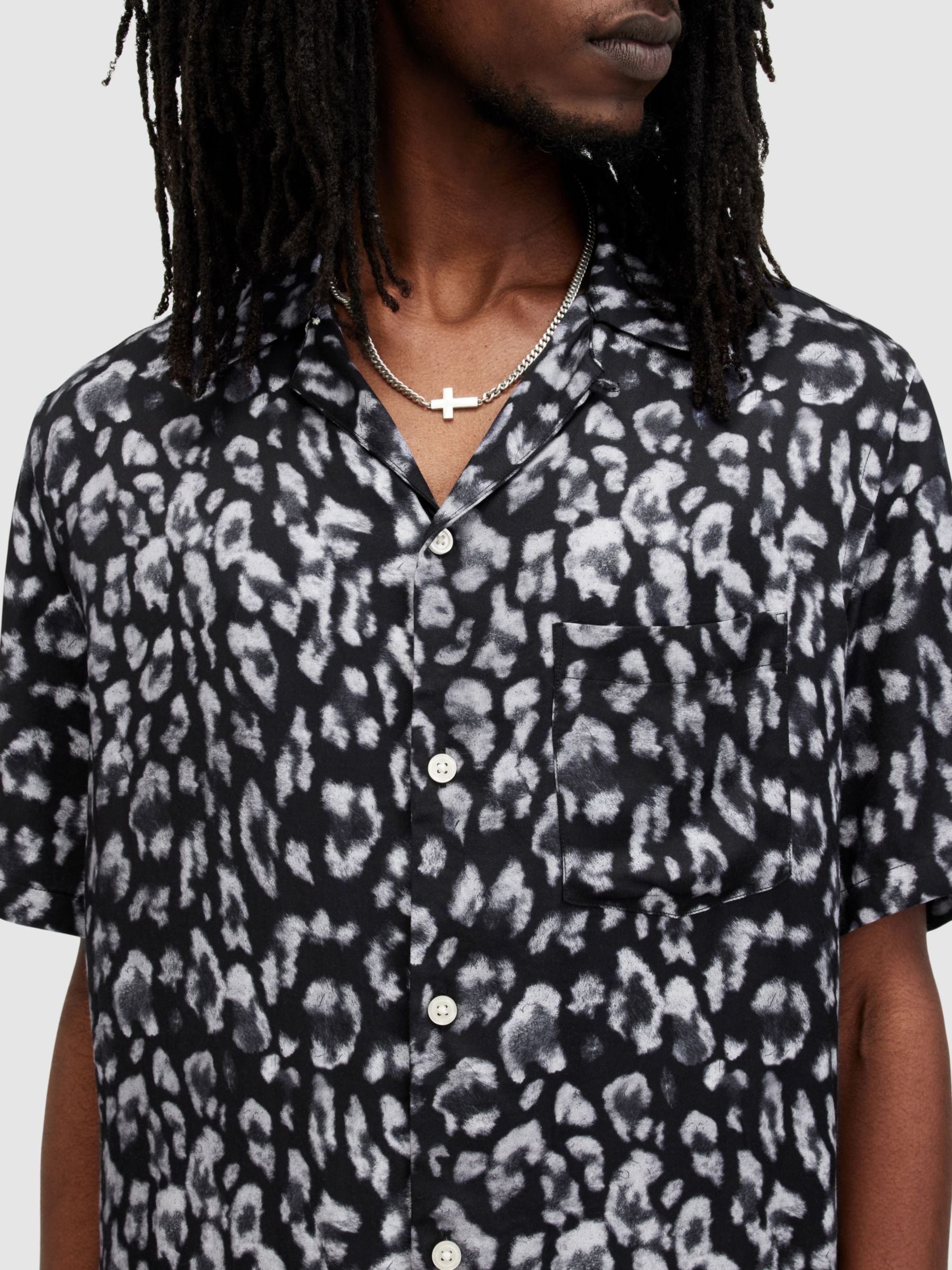 AllSaints Leopaz Leopard Print Short Sleeve Shirt, Jet Black at John ...