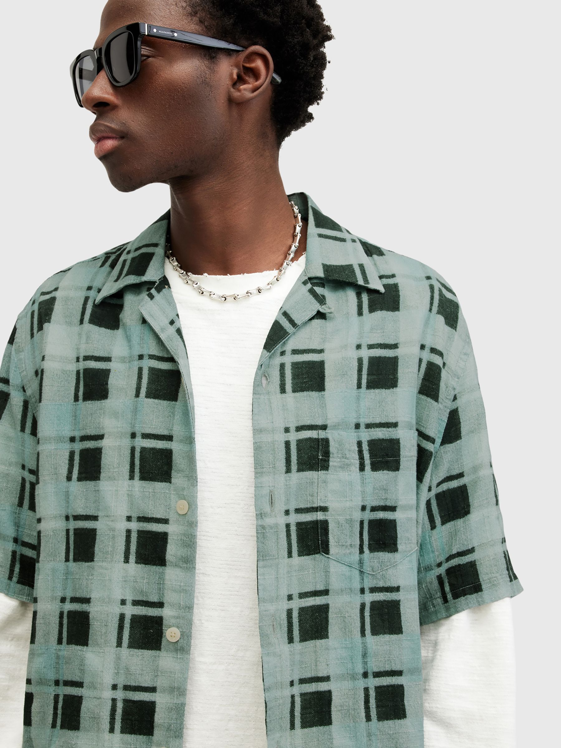 AllSaints Big Sur Organic Cotton Blend Check Short Sleeve Shirt, Shamrock Green, XL