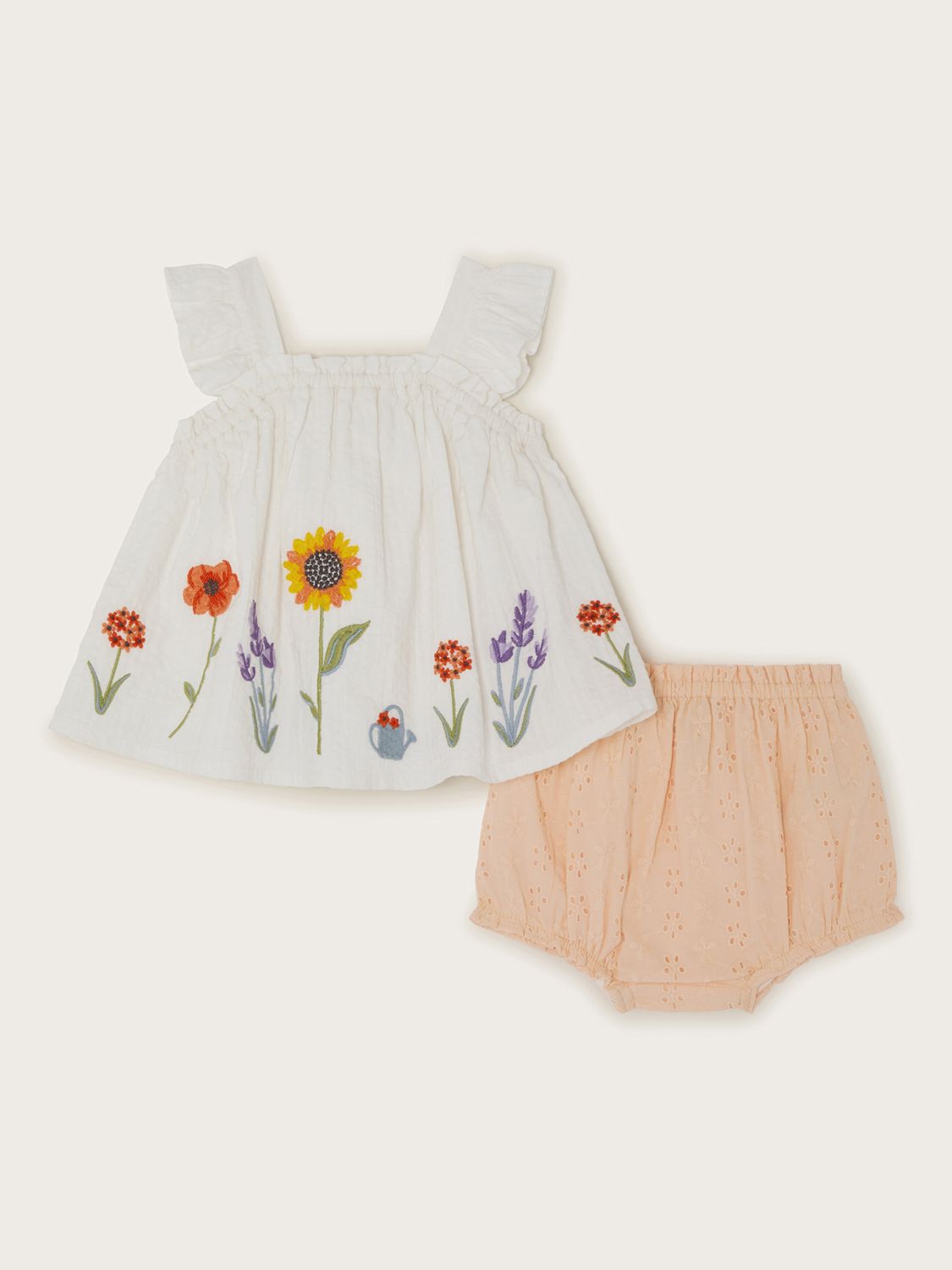 Monsoon Baby Sunflower Embroidered Top & Broderie Bloomer Shorts Set, Ivory/Multi, 0-3 months