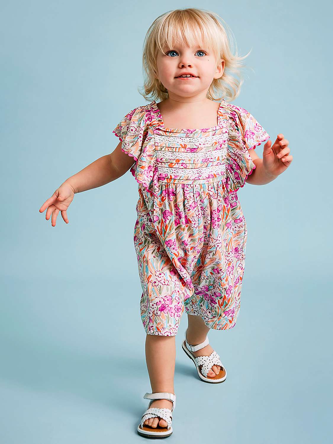 Buy Monsoon Baby Floral Print Lace Trim Frill Romper, Magenta Online at johnlewis.com