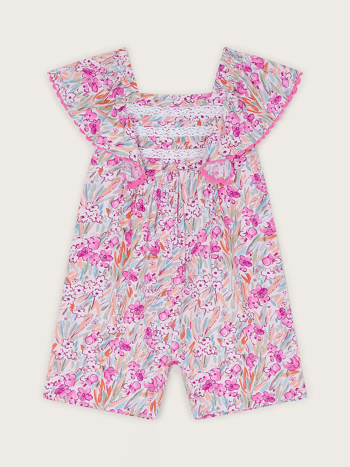 Buy Monsoon Baby Floral Print Lace Trim Frill Romper, Magenta Online at johnlewis.com