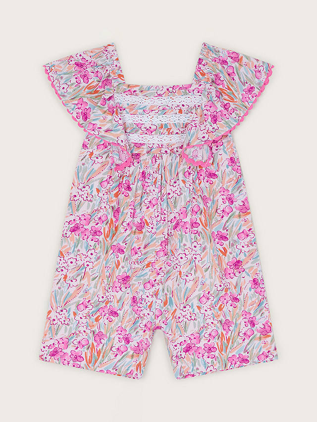 Monsoon Baby Floral Print Lace Trim Frill Romper, Magenta
