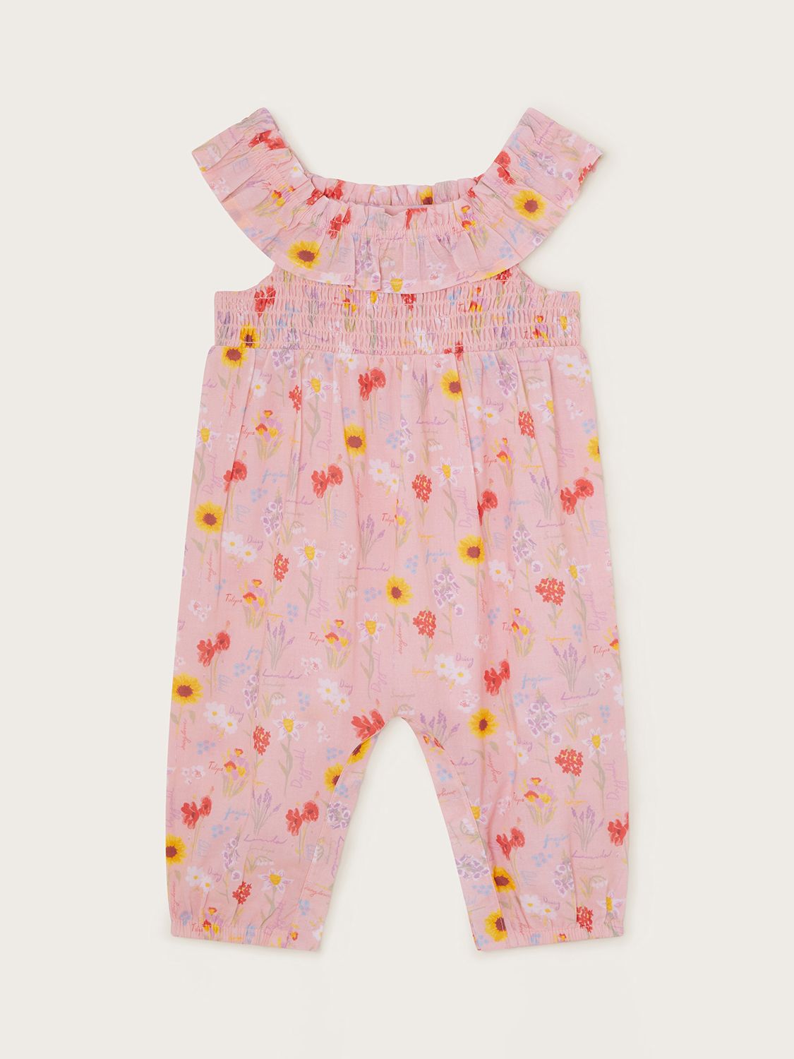 Monsoon Baby Sunflower Print Frill Neck Romper, Pale Pink, 0-3 months