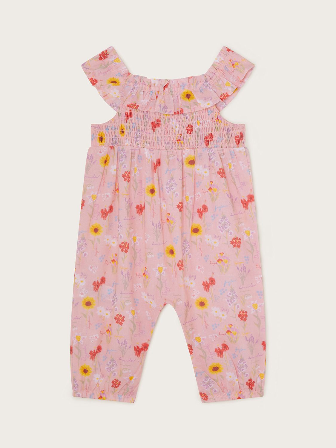 Monsoon Baby Sunflower Print Frill Neck Romper, Pale Pink, 0-3 months