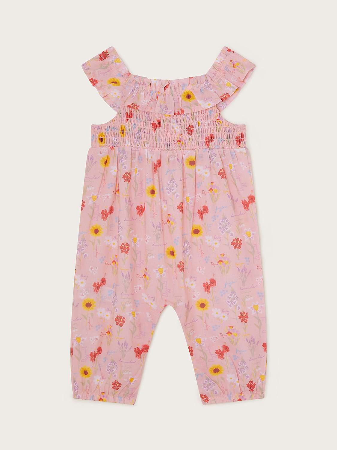Buy Monsoon Baby Sunflower Print Frill Neck Romper, Pale Pink Online at johnlewis.com
