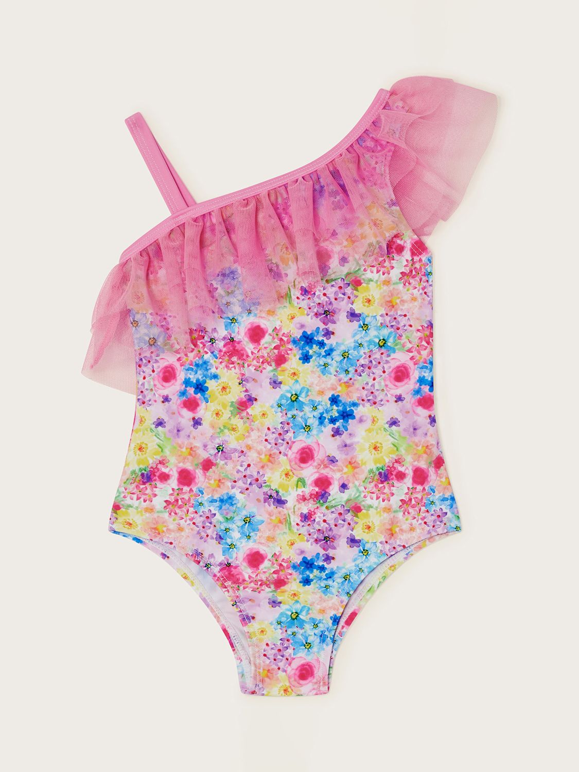 Monsoon Baby Ditsy Floral Print Mesh Ruffle Swimsuit, Pink/Multi, 0-3 months