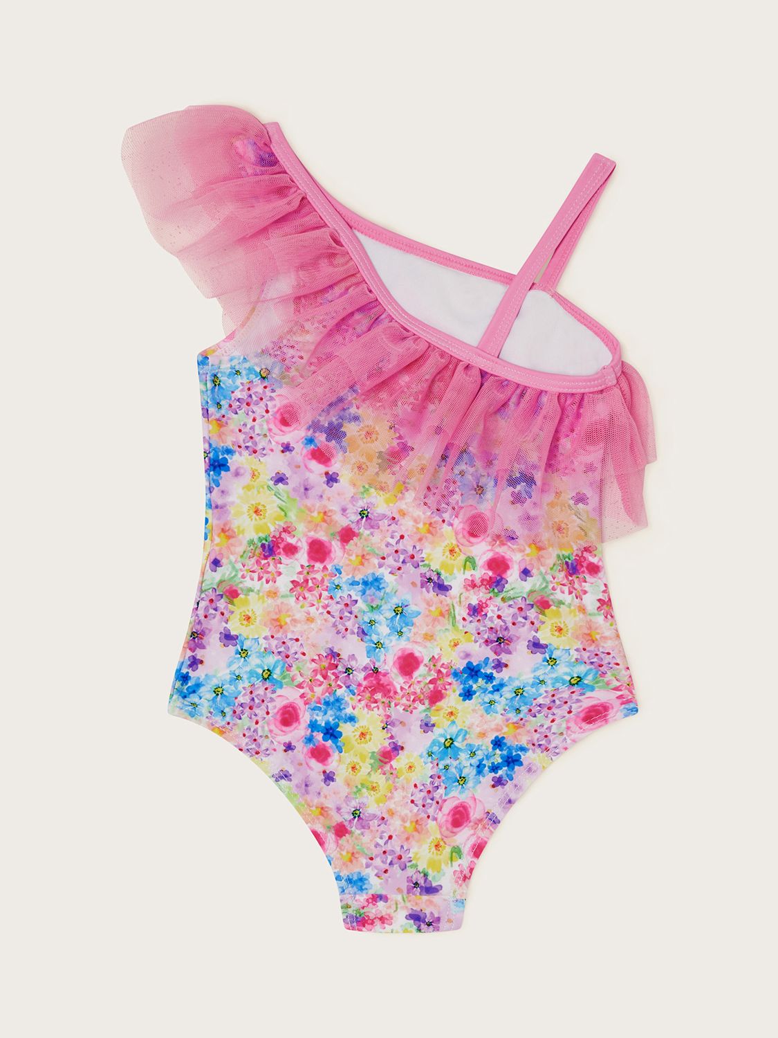 Monsoon Baby Ditsy Floral Print Mesh Ruffle Swimsuit, Pink/Multi, 0-3 months