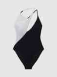 Reiss Leighton Colour Block Asymmetric Swimsuit, Black/White