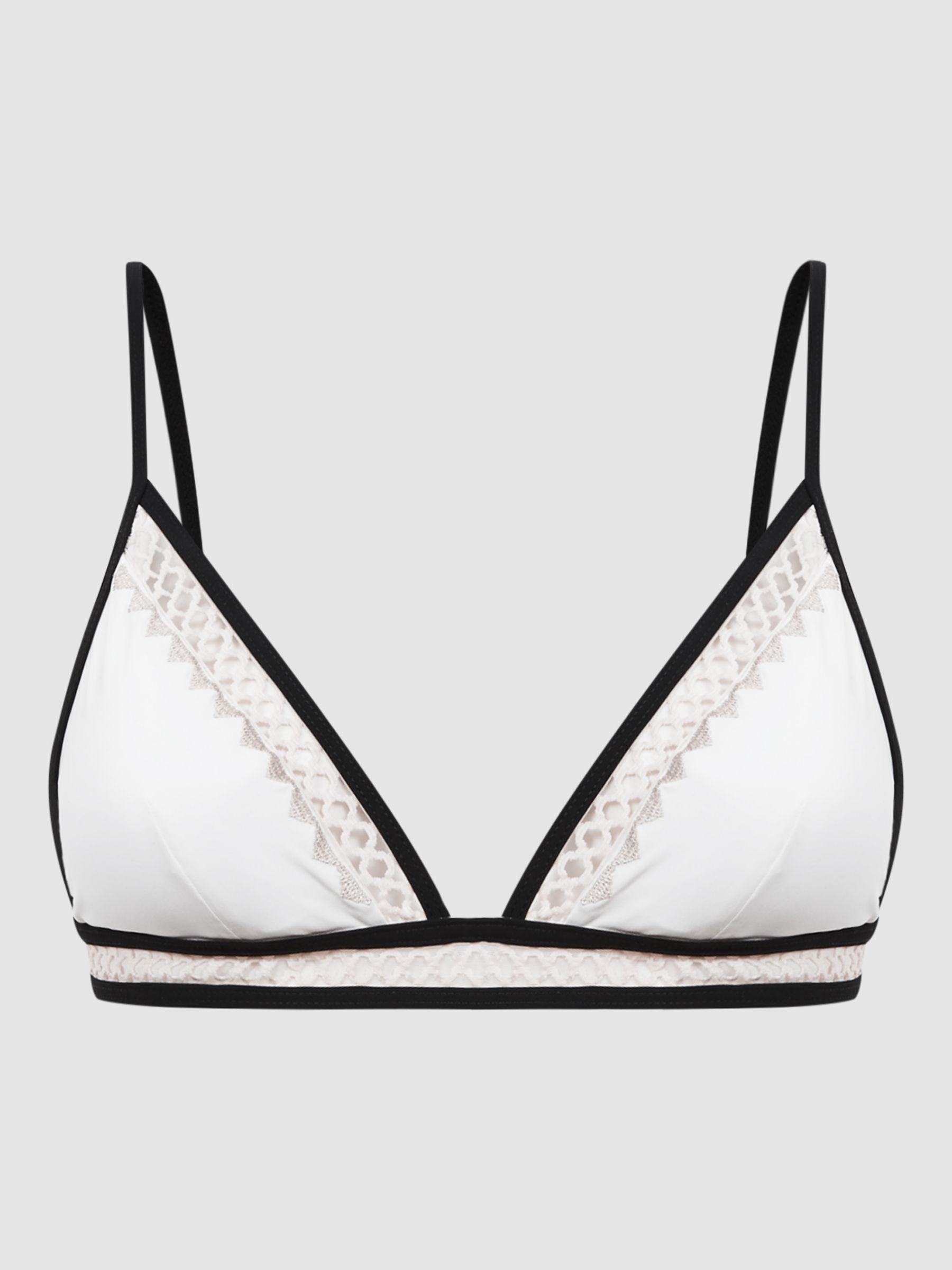 Reiss Sadie Embroidery Triangle Bikini Top, White/Black, 6
