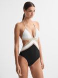 Reiss Savannah Embroidery Cutout Swimsuit, Black/White