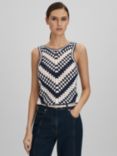 Reiss Sabrina Textured Crochet Cotton Top, Navy/Ivory