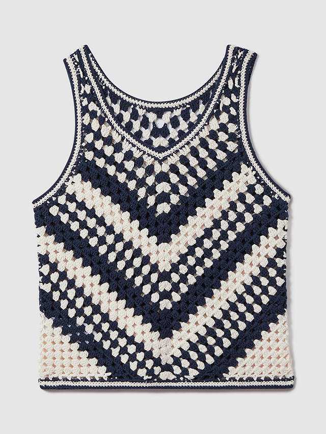Reiss Sabrina Textured Crochet Cotton Top, Navy/Ivory