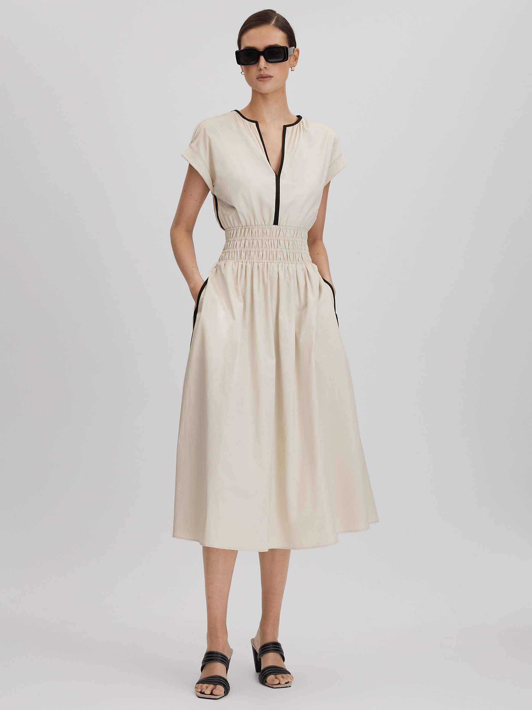 Buy Reiss Petite Lena Ruched Waist Midi Dress, Neutral/Black Online at johnlewis.com