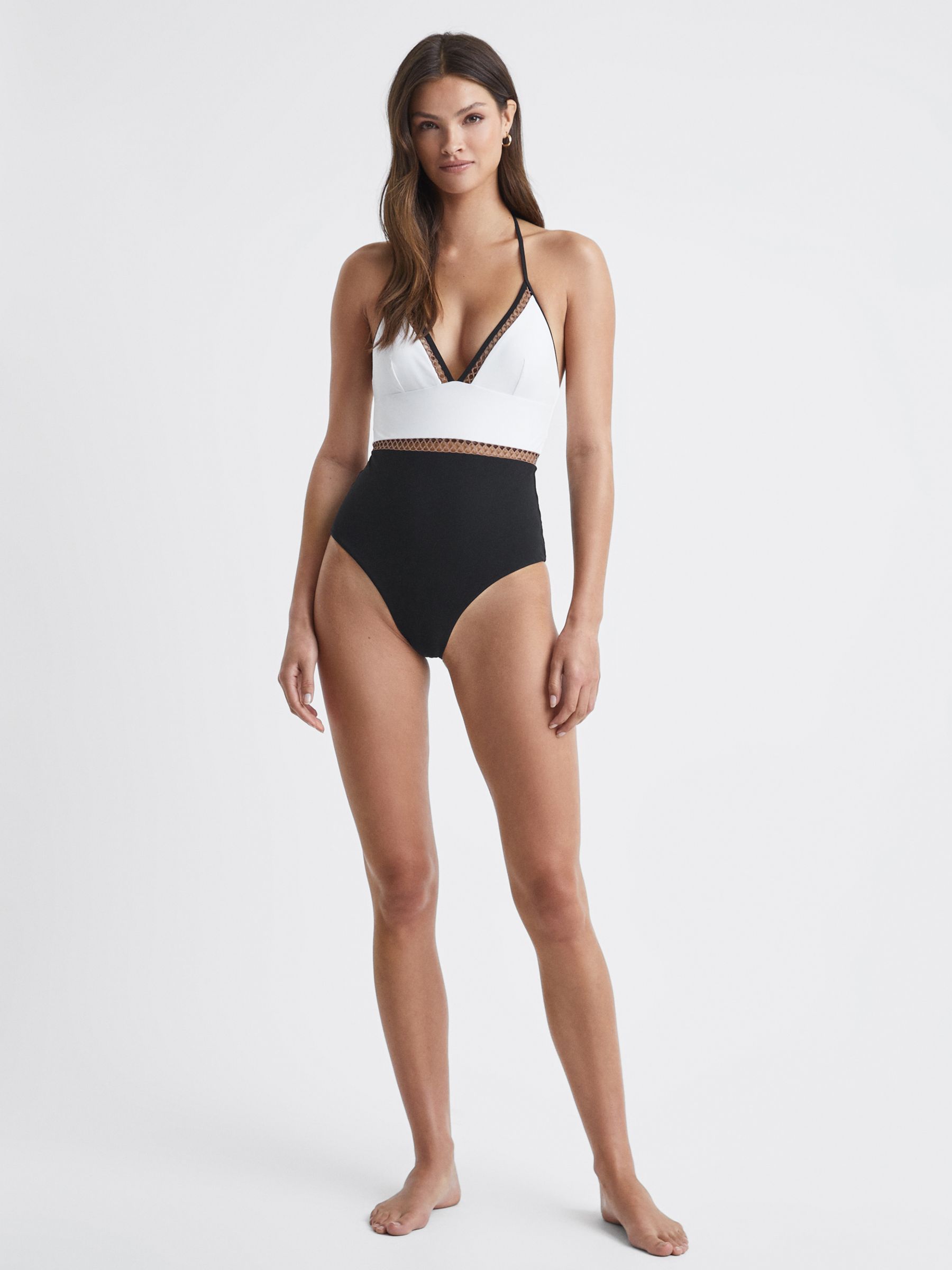 Reiss Ray Embroidered Colour Block Swimsuit, White/Tan, 14