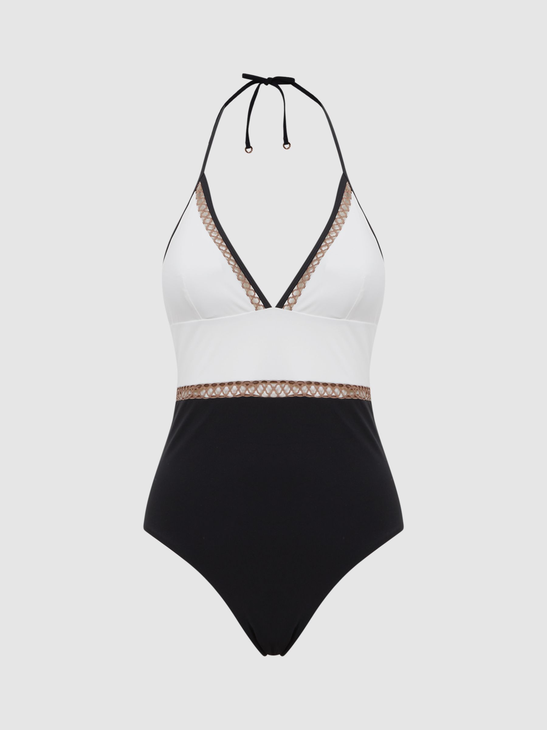 Reiss Ray Embroidered Colour Block Swimsuit, White/Tan, 14