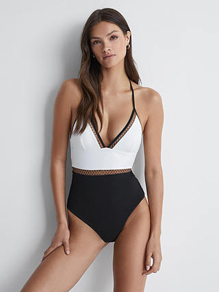 Reiss Ray Embroidered Colour Block Swimsuit, White/Tan