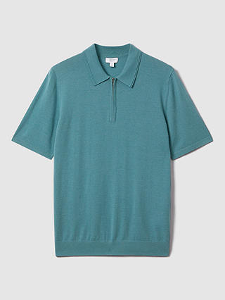Reiss Maxwell Merino Zip Neck Polo Shirt, Ocean Green