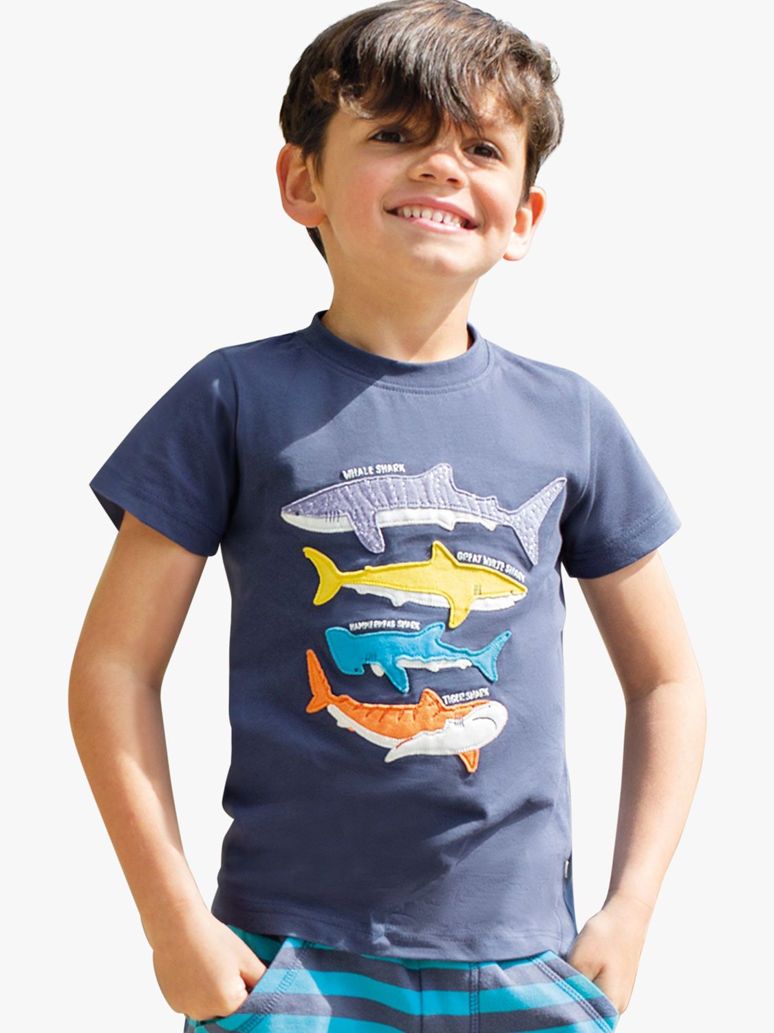 Frugi Kids' Avery Organic Cotton Shark Applique T-Shirt, Navy, 2-3 years