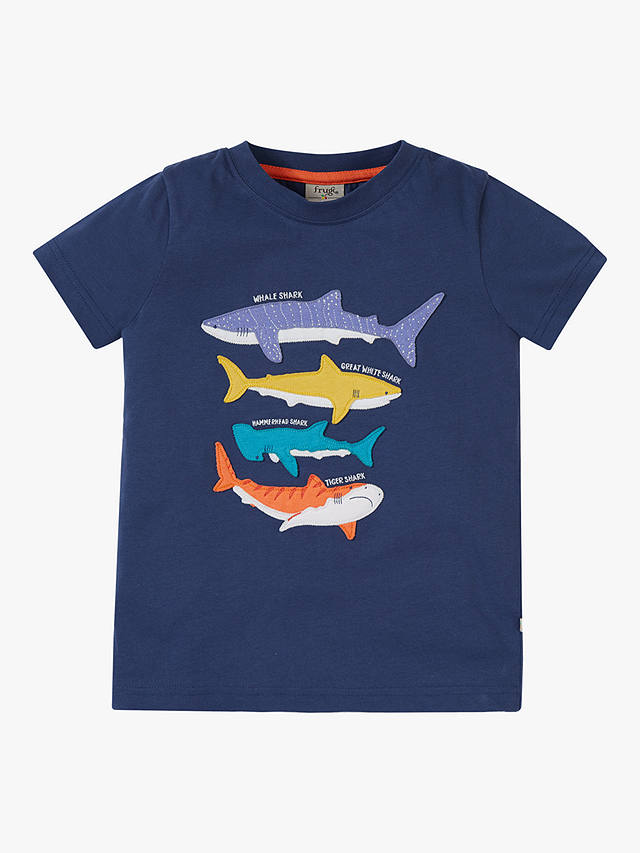 Frugi Kids' Avery Organic Cotton Shark Applique T-Shirt, Navy