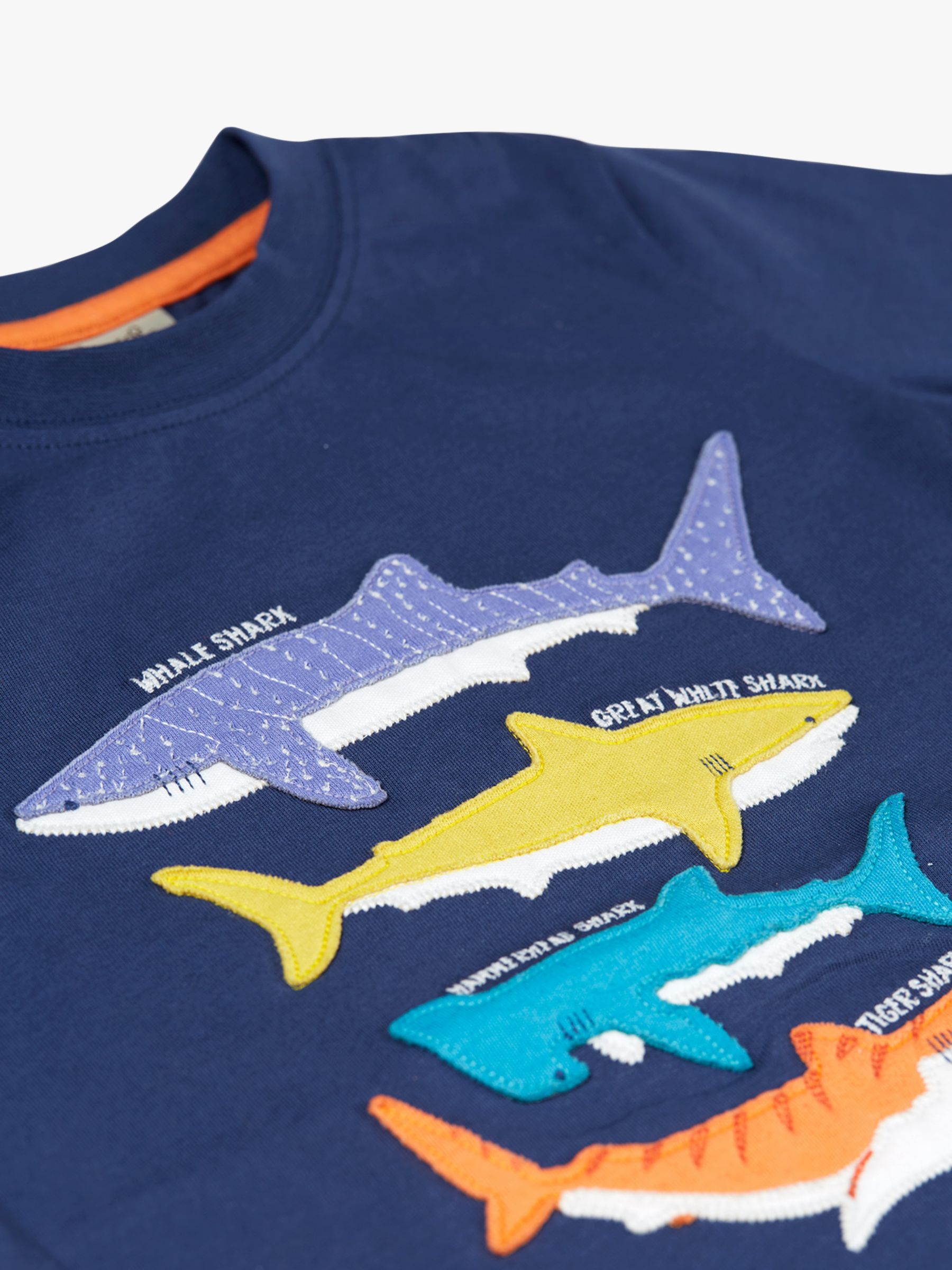 Frugi Kids' Avery Organic Cotton Shark Applique T-Shirt, Navy, 2-3 years