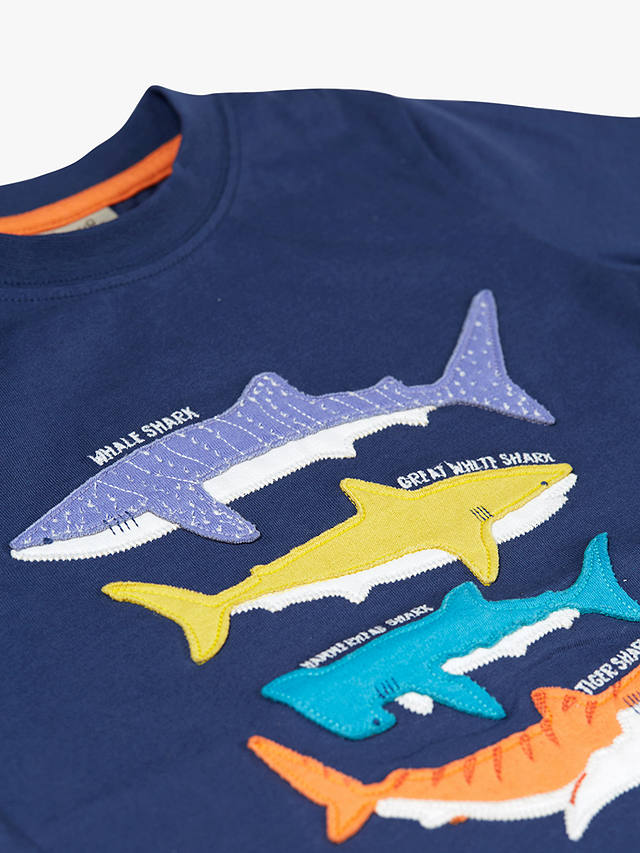 Frugi Kids' Avery Organic Cotton Shark Applique T-Shirt, Navy