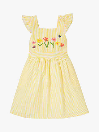 Frugi Kids' Jasmine Organic Cotton Seersucker Floral Embroidered Dress, Dandelion
