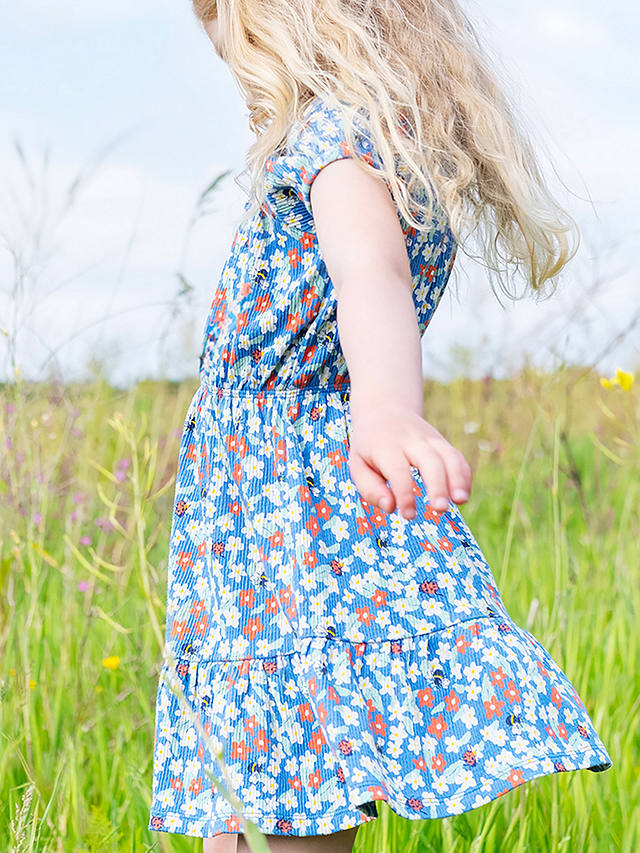 Frugi Kids' Vienna Floral Fun Organic Cotton Blend Tiered Dress, Blue