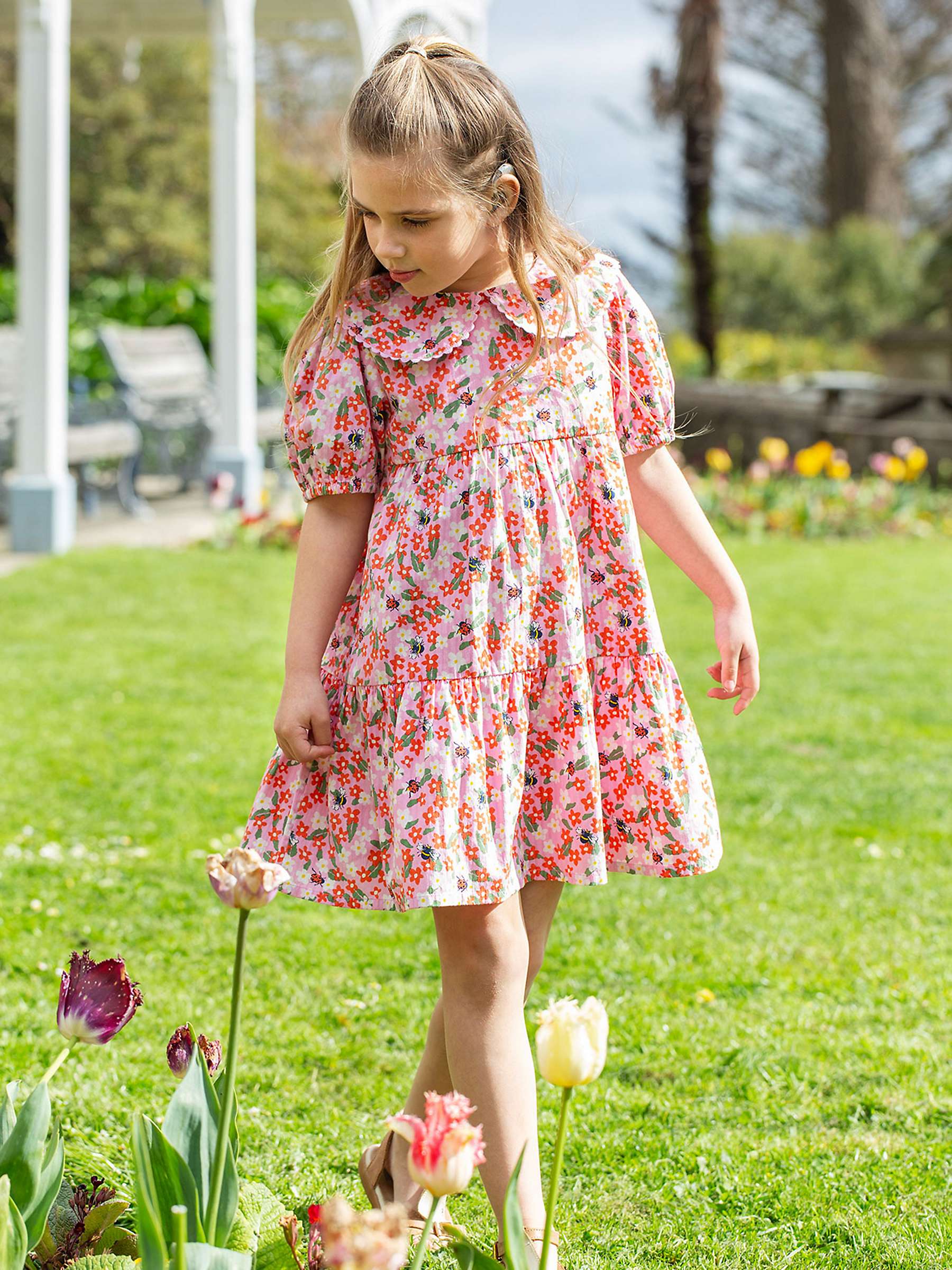 Buy Frugi Kids' Matilda Organic Cotton Floral Fun Collared Tiered Dress, Pink Online at johnlewis.com