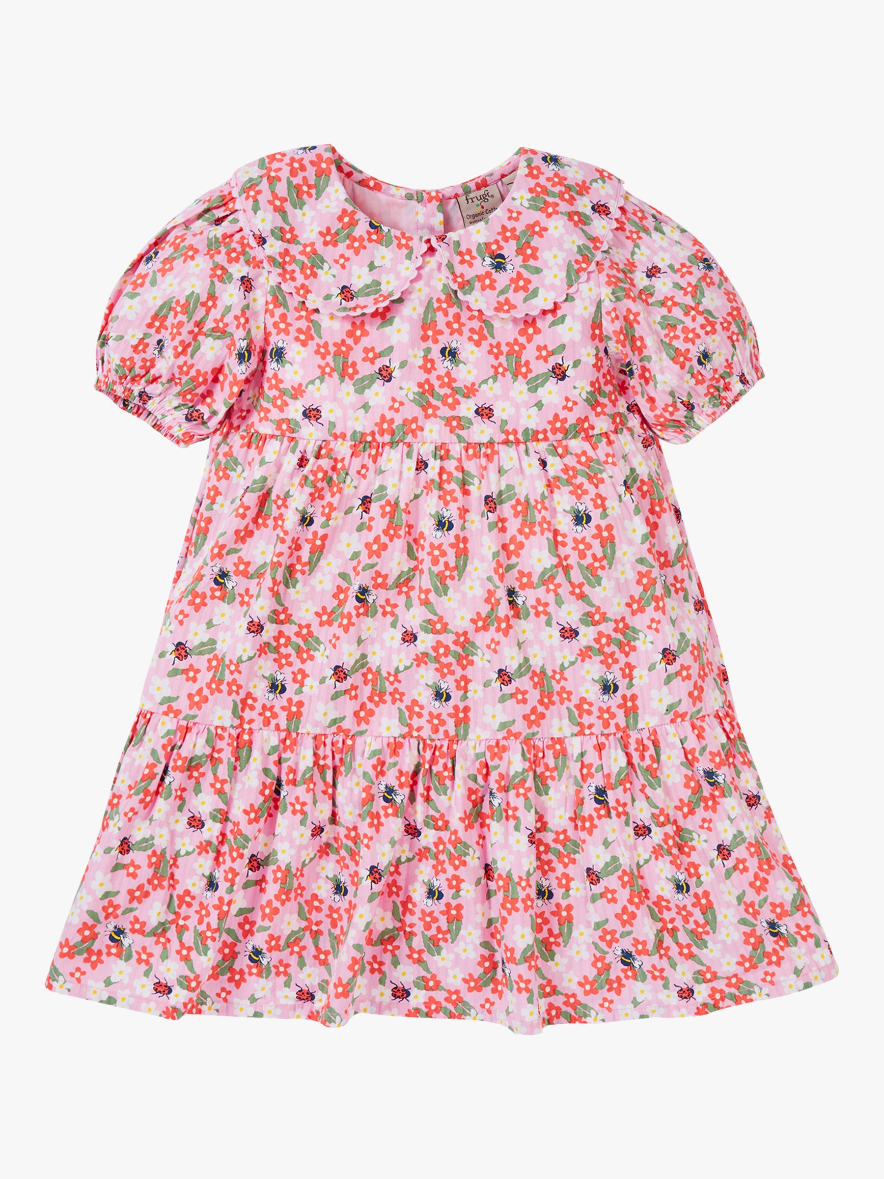 Buy Frugi Kids' Matilda Organic Cotton Floral Fun Collared Tiered Dress, Pink Online at johnlewis.com