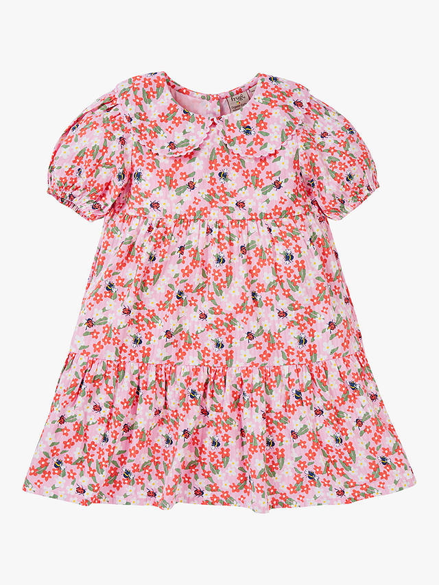Frugi Kids' Matilda Organic Cotton Floral Fun Collared Tiered Dress, Pink