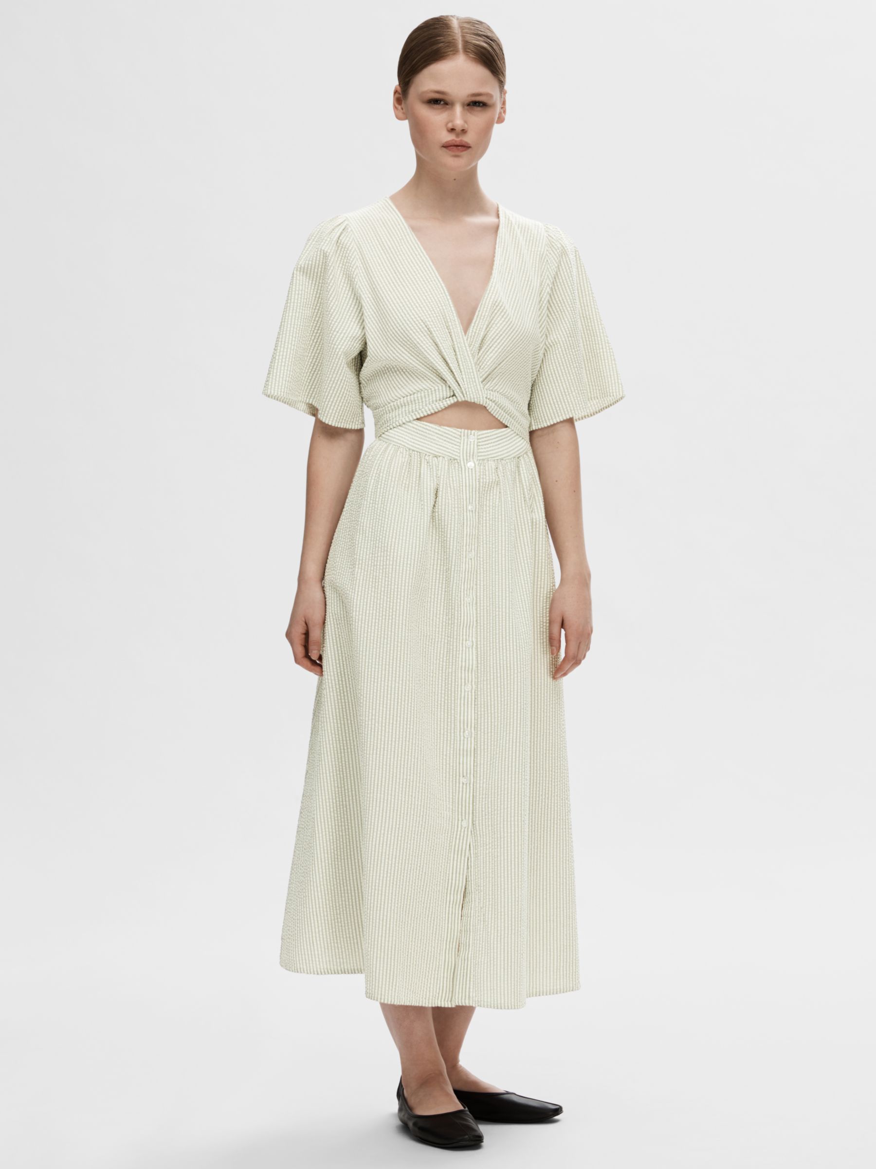 SELECTED FEMME Vittoria Stripe Organic Cotton Midi Dress, Snow White, 34