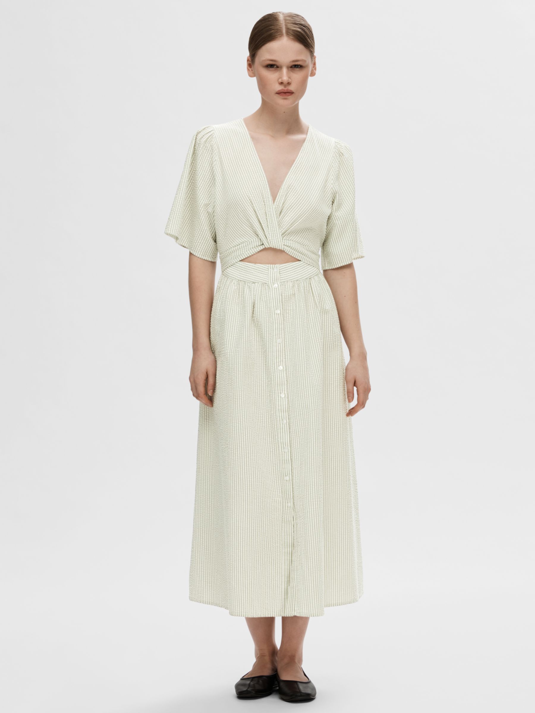 SELECTED FEMME Vittoria Stripe Organic Cotton Midi Dress, Snow White, 34