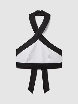 Reiss Rebecca Cropped Halterneck Linen Top, White/Navy