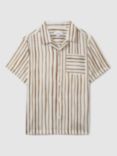 Reiss Kids' Rava Cuban Stripe Short Sleeve Shirt, Ecru/Tobacco