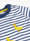 Frugi Baby Ennis Organic Cotton Duck Embroidered Stripe T-Shirt, Navy/White, Navy/White
