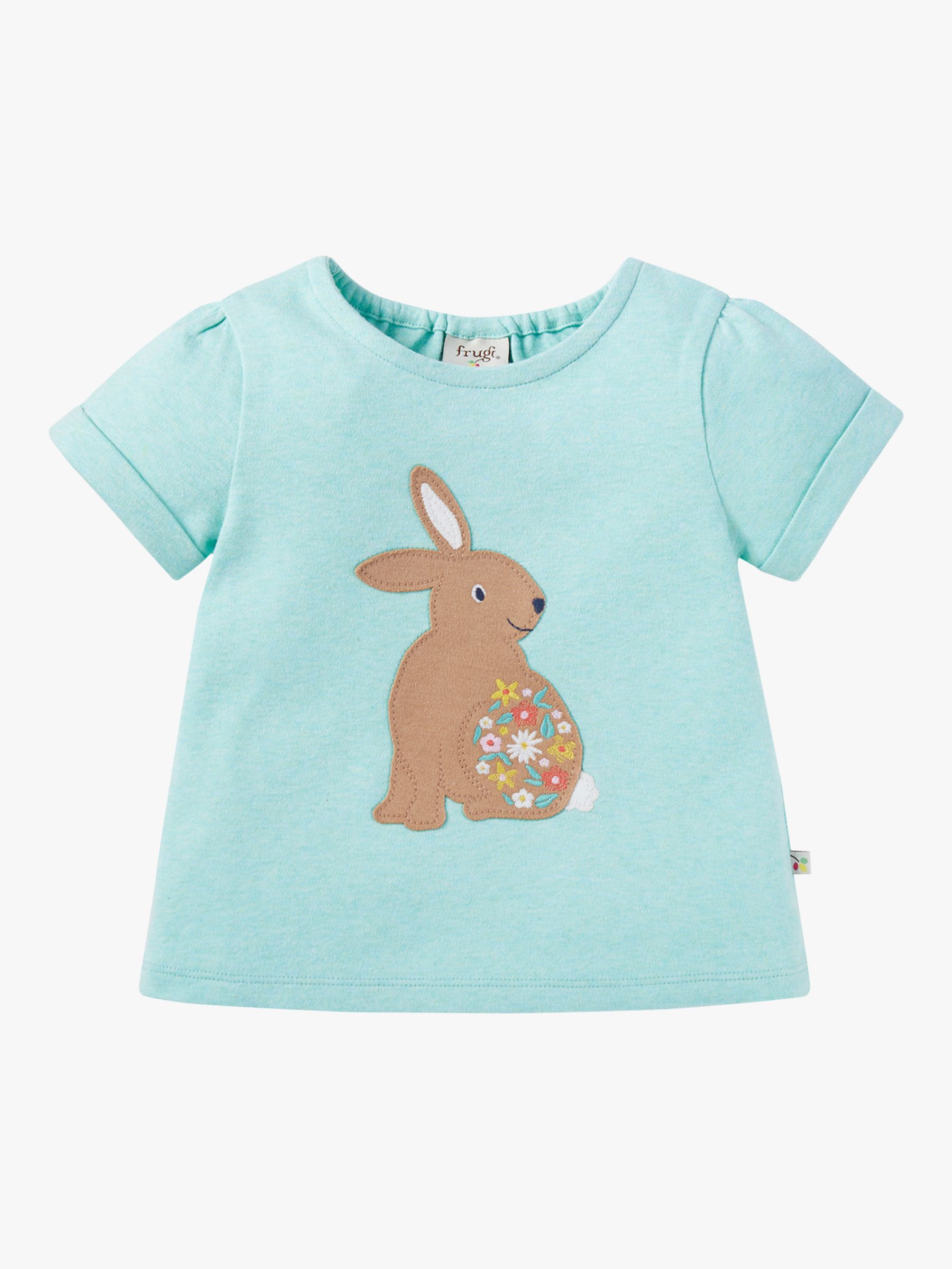 Frugi Baby Evie Organic Cotton Rabbit Applique T-Shirt, Spring Mint Marl, 6-9 months