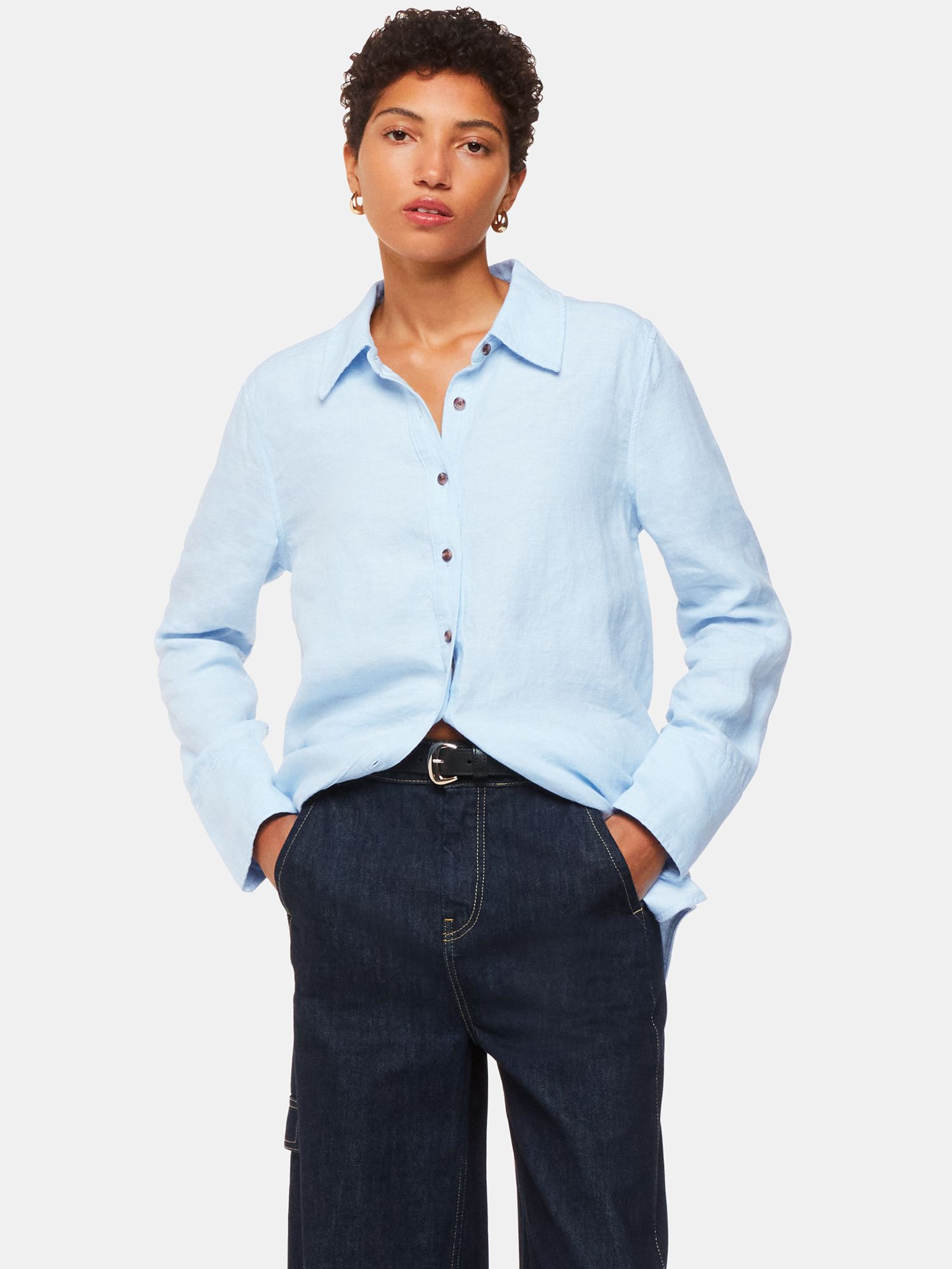 Whistles Relaxed Fit Linen Shirt, Blue, 10