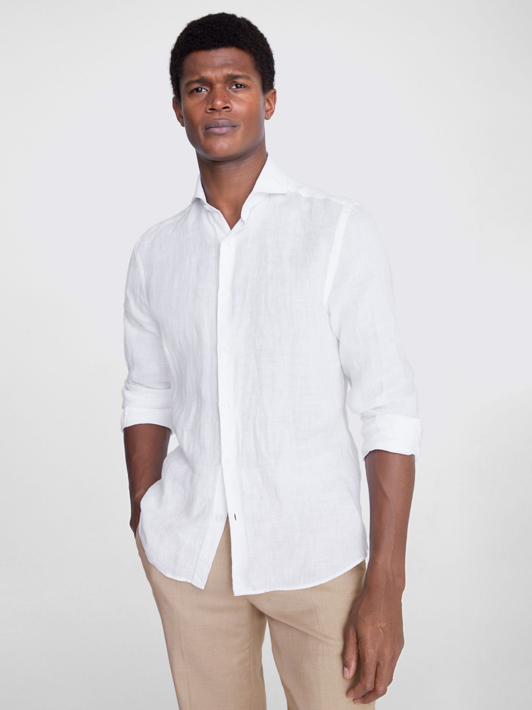 Moss Tailored Fit Linen Long Sleeve Shirt, White, S