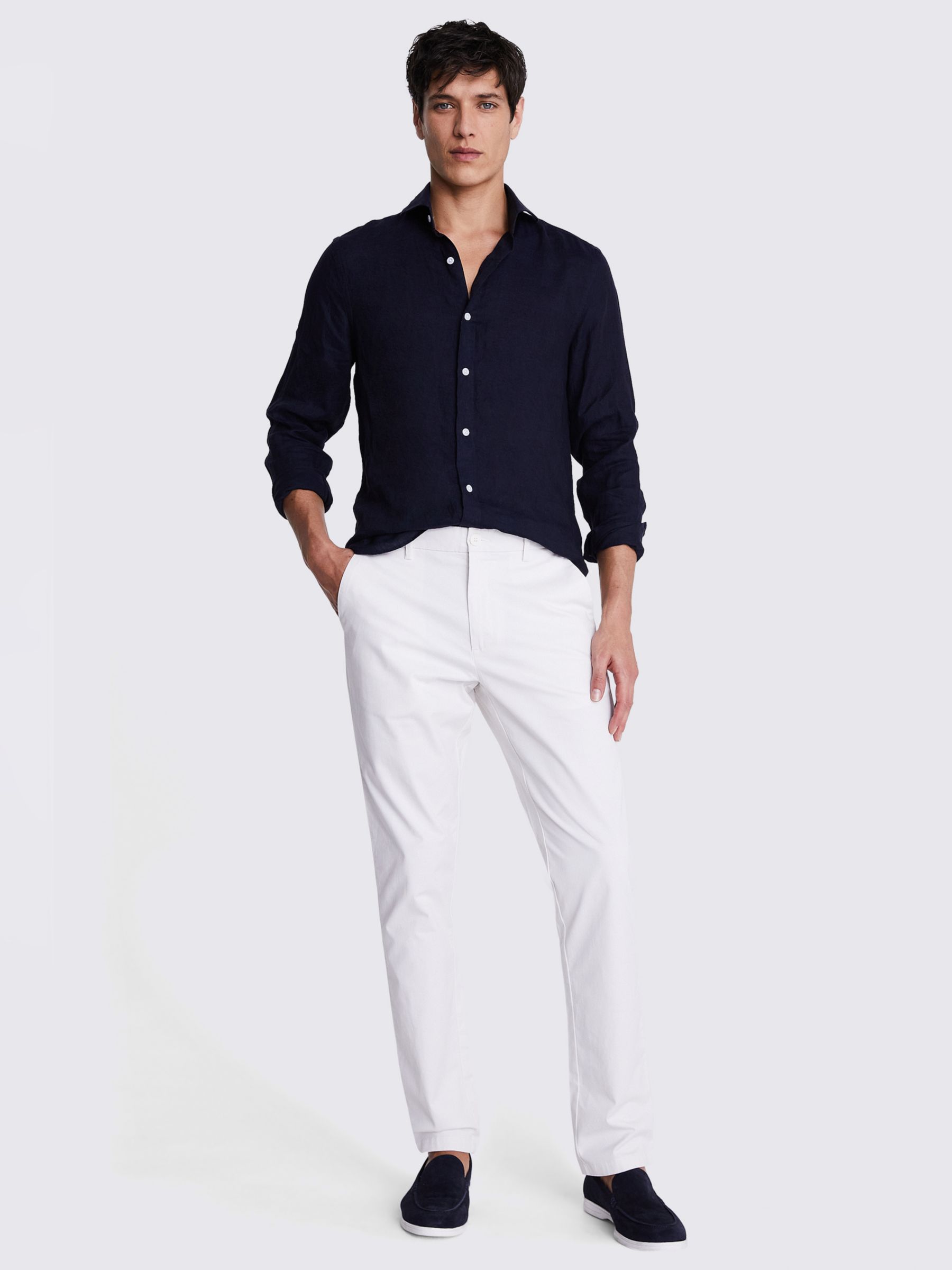Moss Tailored Fit Linen Long Sleeve Shirt, Navy, S